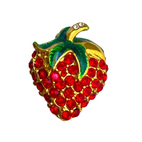 Vintage Strawberry Brooch Red Rhinestone Pin Gold Sparkly Fruit Small Dainty - Picture 1 of 5
